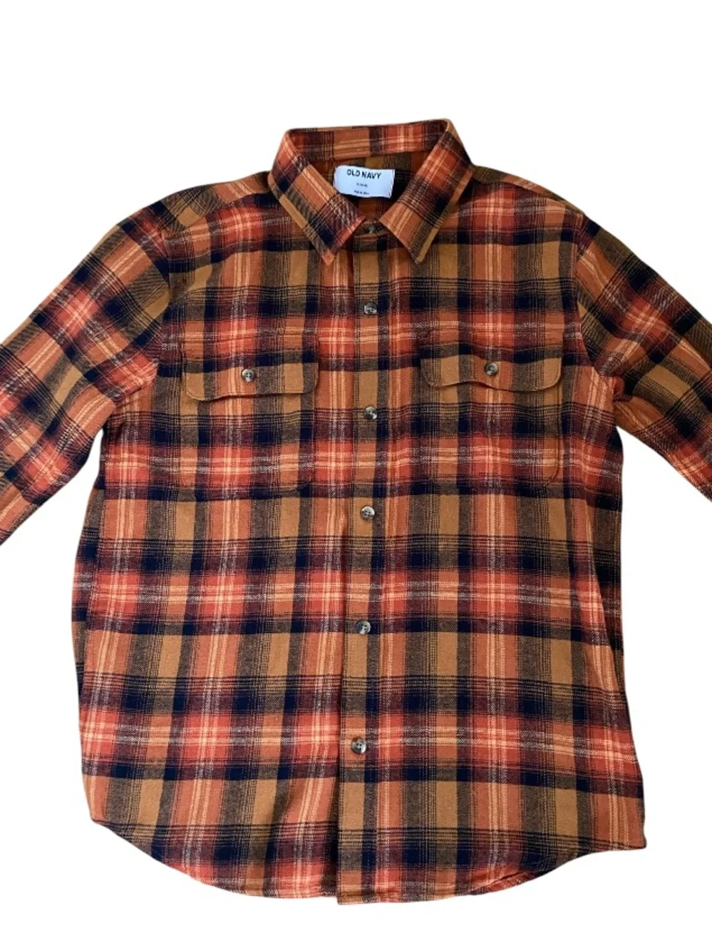 OLD NAVY Orange Black Plaid Button-Down Flannel Boys Shirt Size XL 14/16